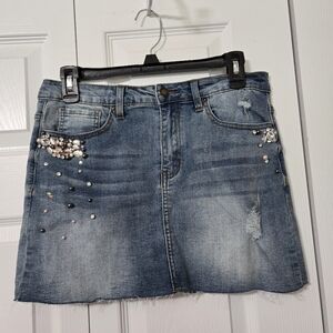 Angel Kiss Distressed Denim Skirt With Jewel Embellishments, Size Medium, EUC
